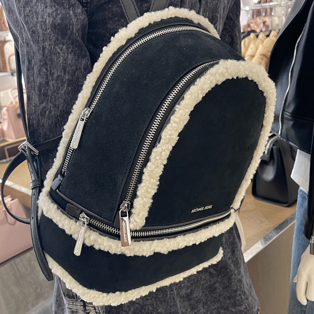 MICHAEL KORS Rhea Medium Suede and Faux Shearling Backpack
Black 
NWT